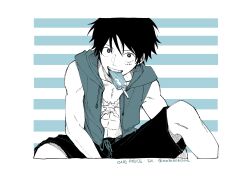 Rule 34 | 1boy, abs, black eyes, black hair, black shorts, bright pupils, commentary request, drawstring, food, food in mouth, highres, hood, hood down, jacket, male focus, monkey d. luffy, nata kokone, one piece, open clothes, open jacket, popsicle, popsicle in mouth, scar, scar on face, short hair, shorts, sitting, sleeveless, sleeveless jacket, solo, twitter username, two-tone background, white pupils