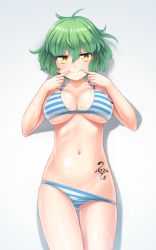 Rule 34 | 1girl, aposine, bikini, bikini pull, blush, breasts, closed mouth, clothes pull, collarbone, commentary, commission, cowboy shot, english commentary, fingersmile, gradient background, green hair, hair between eyes, head tilt, highres, hikage (senran kagura), large breasts, looking at viewer, messy hair, navel, senran kagura, short hair, silhouette, smile, solo, standing, striped bikini, striped clothes, swimsuit, tattoo, thigh gap, yellow eyes