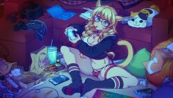 Rule 34 | 1girl, animal ears, bag, black-framed eyewear, black jacket, black socks, blonde hair, bloodborne, book, borrowed character, braid, breasts, cameltoe, can, case, cat ears, cat tail, cellphone, cleavage, controller, couch, cropped jacket, facial mark, food, food in mouth, french fries, glasses, hands up, heart, heart necklace, highres, holding, holding controller, hood, hood down, hooded jacket, indoors, jacket, jewelry, kneehighs, large breasts, long hair, merunyaa, messy, mole, mole under eye, mountain dew, navel, necklace, no shoes, open book, original, panties, paw print socks, paw print soles, phone, playstation controller, red panties, shoes, sitting, skindentation, socks, solo, stuffed animal, stuffed cat, stuffed toy, sweat, tail, thigh strap, twin braids, underwear, whisker markings