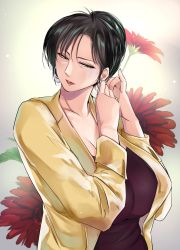 Rule 34 | 1girl, black hair, breasts, cima garahau, cleavage, earrings, flower, formal, green eyes, gundam, gundam 0083, highres, jewelry, large breasts, lipstick, makeup, mature female, parted lips, pinky out, short hair, solo, yukibuster z