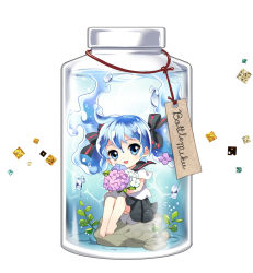 Rule 34 | 1girl, barefoot, blue eyes, blue hair, bottle, bottle miku, bouquet, character name, floating hair, flower, hair ribbon, hatsune miku, hydrangea, in bottle, in container, liquid hair, long hair, looking at viewer, matching hair/eyes, mca (dessert candy), name tag, open mouth, ribbon, school uniform, serafuku, sitting, skirt, solo, submerged, twintails, very long hair, vocaloid, water, white background