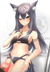 Rule 34 | 1girl, absurdres, animal ear fluff, animal ears, arknights, bare arms, bare shoulders, black hair, blush, breasts, brown eyes, character name, cowboy shot, earrings, food, hair between eyes, highres, holding, holding food, jewelry, long hair, looking at viewer, one eye closed, penguin logistics logo, pocky, small breasts, solo, standing, tail, texas (arknights), thighs, weyas kayur, wolf ears, wolf tail