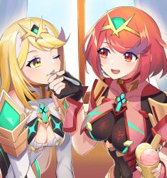 Rule 34 | 2girls, bare shoulders, black gloves, blonde hair, breasts, chest jewel, cleavage, cleavage cutout, clothing cutout, dress, earrings, elbow gloves, fingerless gloves, gloves, highres, jewelry, katwo, large breasts, long hair, multiple girls, mythra (xenoblade), nintendo, pyra (xenoblade), red eyes, red hair, short dress, short hair, swept bangs, tiara, very long hair, white dress, white gloves, xenoblade chronicles (series), xenoblade chronicles 2, yellow eyes