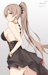 Rule 34 | 1girl, ass, azur lane, backless dress, backless outfit, bangle, bare arms, bare shoulders, black dress, bracelet, breasts, brown hair, closed mouth, collar, cowboy shot, dated, dress, earrings, expressionless, from side, gradient background, hair between eyes, hair ornament, hand in pocket, highres, jean bart (azur lane), jean bart (uninhibited bloodstone) (azur lane), jewelry, large breasts, long hair, looking at viewer, looking back, ponytail, red eyes, signature, sleeveless, sleeveless dress, solo, standing, strapless, strapless dress, thighs, twitter username, unel, very long hair