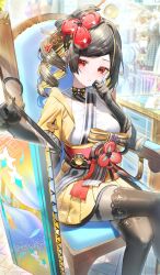 Rule 34 | 1girl, asymmetrical hair, black bow, black gloves, black hair, black thighhighs, blonde hair, blurry, blurry background, bow, chiori (genshin impact), closed mouth, crossed legs, drill hair, floral print, genshin impact, gloves, hair ornament, highres, japanese clothes, kimono, kiramarukou, looking at viewer, multicolored hair, obi, outdoors, red eyes, sash, short sleeves, sitting, solo, streaked hair, striped, striped bow, thighhighs, wide sleeves, yellow kimono