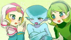 Rule 34 | !, !!, 3girls, aged down, bald, blonde hair, blue eyes, blue skin, blush, breasts, cleavage, colored skin, covering own mouth, crossed arms, facial mark, fang, fins, fish girl, forehead mark, green hair, hairband, head fins, headdress, monster girl, multiple girls, nintendo, one eye closed, open mouth, pointy ears, princess ruto, princess zelda, purple eyes, saria (zelda), short hair, the legend of zelda, the legend of zelda: ocarina of time, triforce, ukata, young zelda, zora