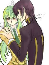 Rule 34 | ..., 2017, ashford academy school uniform, black jacket, bow, brown hair, c.c., code geass, collared shirt, couple, dated, green hair, green neckwear, hair between eyes, hair bow, hand on another&#039;s shoulder, highres, jacket, lelouch vi britannia, long hair, long sleeves, looking back, necktie, orange eyes, purple eyes, roman buriki, school uniform, shirt, signature, sketch, speech bubble, sweatdrop, v-shaped eyebrows, very long hair, white bow, white shirt, wing collar, yellow jacket