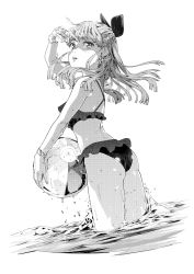 Rule 34 | 1girl, aihara akito, ass, back, ball, bare shoulders, beachball, bikini, blush, braid, greyscale, highres, long hair, monochrome, new normal, open mouth, solo, swimsuit, wading, watch, wristwatch