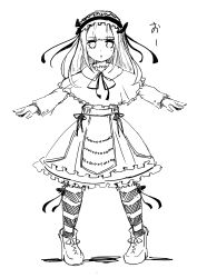 Rule 34 | 1girl, :o, absurdres, blunt bangs, bonsai attak, capelet, commentary request, cuff links, dress, frilled dress, frilled socks, frills, full body, gothic lolita, greyscale, highres, kneehighs, lolita fashion, long hair, long sleeves, maid headdress, monochrome, original, outstretched arms, ribbon, shoes, simple background, socks, solo, spread arms, striped clothes, striped socks, white background