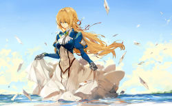Rule 34 | 10s, 1girl, blonde hair, braid, clothes lift, day, dress, dress lift, hair ornament, long hair, looking away, looking down, ocean, puffy sleeves, saberiii, solo, violet evergarden, violet evergarden (series), wading, water, water drop, wind