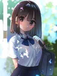 Rule 34 | 1girl, arm behind back, bag, blue bow, blue bowtie, blue skirt, blunt bangs, blurry, blurry background, blush, bow, bowtie, breast pocket, breasts, brown eyes, brown hair, buttons, closed mouth, collared shirt, commentary request, copyright request, dappled sunlight, dated, day, dress shirt, head tilt, koruri, looking at viewer, medium breasts, outdoors, over shoulder, pocket, school bag, school uniform, shirt, short hair, short sleeves, signature, skirt, smile, solo, sunlight, upper body, white shirt, wing collar, wristband