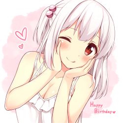 Rule 34 | 1girl, ;q, bad id, bad pixiv id, bare shoulders, blush, breasts, cleavage, collarbone, commentary request, hair bobbles, hair ornament, hands on own cheeks, hands on own face, happy birthday, head tilt, heart, highres, karutamo, long hair, looking at viewer, medium breasts, one eye closed, one side up, original, red eyes, smile, solo, tisshu (karutamo), tongue, tongue out, upper body, white hair