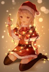 Rule 34 | 1girl, :d, bad id, bad pixiv id, black footwear, black thighhighs, blonde hair, boots, bow, capelet, christmas, christmas lights, commentary request, dress, fate/kaleid liner prisma illya, fate (series), full body, fur-trimmed capelet, fur-trimmed dress, fur-trimmed headwear, fur trim, hair between eyes, hand up, hat, highres, holding, illyasviel von einzbern, long hair, looking at viewer, nasii, open mouth, red bow, red capelet, red dress, red eyes, red hat, santa costume, santa hat, sitting, smile, solo, thigh boots, thighhighs, wariza