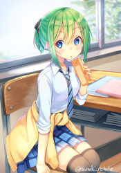 Rule 34 | 1girl, black thighhighs, blue eyes, blush, book, book stack, cardigan, cardigan around waist, carton, chair, classroom, clothes around waist, collared shirt, day, desk, diagonal-striped clothes, diagonal-striped necktie, diagonal-striped neckwear, drinking, drinking straw, from side, green hair, hair ornament, hair ribbon, hairclip, holding, indoors, leaning forward, looking at viewer, looking to the side, necktie, notebook, original, over-kneehighs, plaid, plaid skirt, pleated skirt, pointy ears, ribbon, school chair, school desk, school uniform, shirai tanuki, shirt, short ponytail, sidelocks, sitting, skirt, sleeves rolled up, solo, striped clothes, striped necktie, striped neckwear, takeda emi, takeda emi (shirai tanuki), thighhighs, twitter username, white shirt, window, wing collar, wooden floor, yellow cardigan, zettai ryouiki
