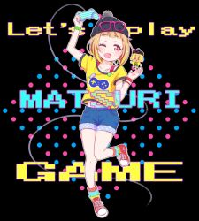 Rule 34 | 1girl, ;d, bad id, bad twitter id, beanie, blonde hair, blunt bangs, bra strap, cable, check (check book), chibi, chibi inset, controller, dualshock, english text, eyewear on head, full body, game controller, gamepad, hat, jewelry, mimori matsuri, multicolored clothes, multicolored legwear, necklace, one eye closed, open mouth, pink-framed eyewear, pink eyes, playstation controller, shirt, shoes, short hair, shorts, smile, sneakers, socks, solo, standing, standing on one leg, t-shirt, text focus, tokyo 7th sisters, wristband