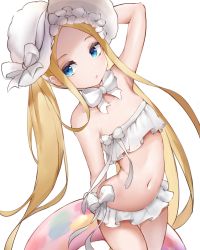 Rule 34 | 1girl, abigail williams (fate), abigail williams (swimsuit foreigner) (fate), abigail williams (swimsuit foreigner) (third ascension) (fate), absurdres, arm behind head, bare shoulders, bikini, blonde hair, blue eyes, bonnet, bow, breasts, fate/grand order, fate (series), forehead, hair bow, highres, innertube, long hair, looking at viewer, miniskirt, navel, noshita (qonneno), open mouth, parted bangs, sidelocks, simple background, skirt, small breasts, solo, strapless, strapless bikini, swim ring, swimsuit, thighs, twintails, very long hair, white bikini, white bow, white headwear