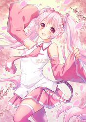 Rule 34 | :d, armpits, arms up, bare shoulders, blush, breasts, cherry blossoms, collared shirt, cowboy shot, flower, hair between eyes, hair flower, hair ornament, hairband, hatsune miku, long hair, long sleeves, looking at viewer, necktie, neko-rina, open mouth, petals, pink eyes, pink hair, pink skirt, pink theme, pink thighhighs, pocket, sakura miku, shirt, skirt, small breasts, smile, solo, thighhighs, twintails, vocaloid, white shirt