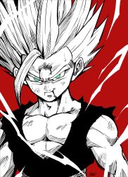 Rule 34 | 1boy, absurdres, aura, blue eyes, child, commentary request, dougi, dragon ball, dragon ball (classic), dragonball z, fantasy, highres, liedein, looking at viewer, male focus, monochrome, muscular, saiyan, simple background, smile, solo, son gohan, spiked hair, super saiyan