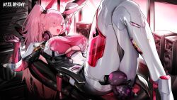 Rule 34 | animal ears, artist request, ayla (punishing: gray raven), chair, gaming chair, hair ornament, hairclip, headphones, highres, leg up, legs up, lying, mechanical parts, official art, pink hair, ponytail, punishing: gray raven, rabbit ears, side ponytail, smile, speaker, stretching, stuffed animal, stuffed toy, swivel chair