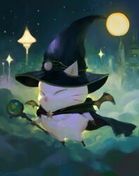 Rule 34 | above clouds, absurdres, bat wings, black cape, black hat, cape, closed eyes, cloud, creature, ears through headwear, faux traditional media, final fantasy, floating, full body, full moon, glowing, hat, highres, holding, holding wand, moogle, moon, night, night sky, no humans, no mouth, outdoors, painterly, sky, solo, wand, whiskers, wings, witch hat, yuming li