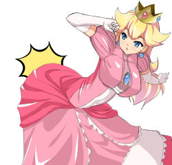 Rule 34 | 1girl, absurdres, blonde hair, blue eyes, breasts, brooch, crown, dress, earrings, elbow gloves, flipped hair, frilled dress, frills, gloves, highres, hip attack, jewelry, large breasts, mario (series), mokkori9, nintendo, pink dress, princess peach, solo, super smash bros., white background, white gloves, wide hips