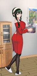 Rule 34 | 1girl, absurdres, black hair, black pantyhose, closed mouth, cooking pot, full body, hadairo rainbow, hairband, highres, holding cooking pot, indoors, pantyhose, red eyes, red skirt, red sweater, shelf, skirt, slippers, smile, solo, spy x family, sweater, walking, white hairband, wooden floor, yor briar