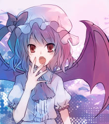 Rule 34 | 1girl, :o, ascot, bat wings, blue hair, blush, bow, female focus, hat, hat bow, looking at viewer, open mouth, red eyes, remilia scarlet, solo, suzushiro kurumi, touhou, wings
