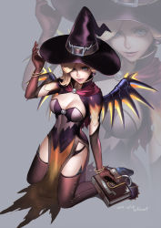 Rule 34 | 1girl, alternate costume, blonde hair, blue eyes, book, bracelet, breasts, cleavage, hat, highres, huge breasts, image sample, jewelry, kneeling, lace, lace-trimmed panties, lace trim, looking at viewer, mechanical wings, mercy (overwatch), momori, overwatch, overwatch 1, panties, pelvic curtain, smile, solo, thighhighs, underwear, wings, witch, witch hat, witch mercy