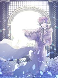 Rule 34 | 1boy, arch, backlighting, binggwaryu, bloom, blue coat, blue flower, blue hair, blue nails, blue rose, closed eyes, coat, commentary, expressionless, falling petals, feet out of frame, flower, highres, holding, holding instrument, holding violin, instrument, kaito (vocaloid), lens flare, male focus, music, nail polish, petals, playing instrument, project diva (series), rosa blue (module), rose, violin, vocaloid