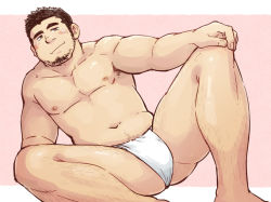 Rule 34 | 1boy, ass, bara, belly, black hair, blush, bulge, facial hair, feet out of frame, knee up, loincloth, male focus, male underwear, muscular, muscular male, navel, navel hair, nipples, original, pectorals, short hair, sideburns, sitting, smile, smirk, solo, stomach, stubble, suv (suv032), thick thighs, thighs, underwear, underwear only, white male underwear