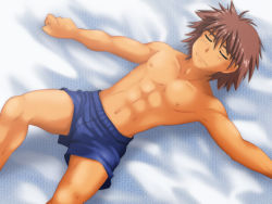 Rule 34 | 1boy, abs, bed sheet, brown hair, lying, male focus, muscular, navel, nipples, on back, outstretched arms, topless male, shorts, sleeping, solo, spread arms, spread legs, thisarmor, underwear