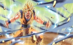 Rule 34 | 1boy, angry, aura, blonde hair, dragon ball, dragonball z, energy, fate (series), glowing, glowing eyes, heracles (fate), male focus, md5 mismatch, mikemaluk, motion blur, muscular, powering up, resolution mismatch, solo, son goku, source larger, super saiyan, wallpaper
