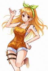 Rule 34 | 1girl, arm tattoo, breasts, commentary request, cowboy shot, earrings, hair ribbon, hand on own hip, highres, jewelry, lairu0528, leg up, long hair, medium breasts, nami (one piece), official alternate costume, ok sign, one piece, one piece: stampede, orange eyes, orange hair, orange overalls, overalls, pearl earrings, ribbon, sidelocks, solo, tattoo, thigh strap, tongue, tongue out