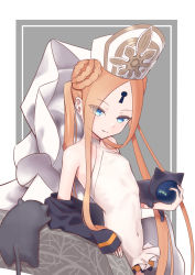 Rule 34 | 1girl, abigail williams (fate), abigail williams (swimsuit foreigner) (fate), abigail williams (swimsuit foreigner) (second ascension) (fate), bare shoulders, black bow, black cat, black jacket, blonde hair, blue eyes, bow, braid, braided bun, breasts, cat, double bun, dress swimsuit, fate/grand order, fate (series), forehead, grey background, hair bun, hat, highres, jacket, keyhole, long hair, looking at viewer, mitre, multiple bows, off shoulder, one-piece swimsuit, oniku (pixiv 28205308), open clothes, open jacket, orange bow, parted bangs, parted lips, sidelocks, small breasts, smile, swimsuit, twintails, very long hair, white headwear, white one-piece swimsuit