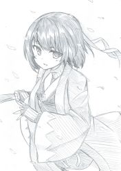 Rule 34 | 1girl, armor, blush, character request, cherry blossoms, copyright request, fingerless gloves, from above, gloves, graphite (medium), greyscale, headband, highres, holding, holding weapon, japanese clothes, katana, kimono, lapel pin, long sleeves, looking at viewer, mahiro (akino-suisen), monochrome, open clothes, open kimono, open mouth, patterned clothing, petals, sash, sheath, sheathed, short hair, solo, sword, traditional media, turtleneck, undershirt, upper body, weapon, wide sleeves
