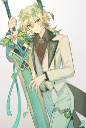 Rule 34 | 1boy, black shirt, blonde hair, collared shirt, flower, formal, genshin impact, hair between eyes, head wreath, highres, holding, holding sword, holding weapon, jacket, jewelry, kaveh (genshin impact), long sleeves, looking at viewer, male focus, necktie, pants, red eyes, ring, shirt, simple background, solo, suit, sword, taosheng, weapon, white background, white jacket, white pants