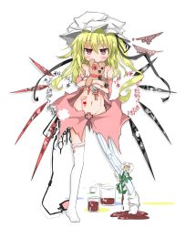 Rule 34 | 1girl, bare shoulders, blonde hair, blood, blush, body writing, bone, breasts, censored, collar, convenient censoring, dress, flandre scarlet, flower, groin, hat, highres, hugging doll, hugging object, intravenous drip, jar, kisetudenpa, lock, looking at viewer, midriff, mob cap, navel, no panties, padlock, pink dress, pool of blood, red eyes, see-through, shibainu kisetsu, sideboob, simple background, single thighhigh, small breasts, solo, stuffed animal, stuffed toy, teddy bear, thighhighs, torn clothes, torn dress, touhou, white background, wings, zettai ryouiki