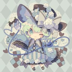 Rule 34 | 1girl, :3, adapted costume, argyle, argyle background, argyle clothes, black footwear, black hat, blouse, blue flower, blue rose, blush, bow, buttons, chibi, chocolate, closed mouth, cookie, diamond button, flower, food, fork, frilled shirt collar, frilled skirt, frilled sleeves, frills, full body, green eyes, green hair, green shirt, green skirt, hat, hat bow, hat flower, heart, heart in eye, heart of string, highres, holding, holding fork, ice cream, komeiji koishi, long sleeves, looking at viewer, muffin, nikorashi-ka, one eye closed, ribbon-trimmed headwear, ribbon-trimmed skirt, ribbon trim, rose, shirt, shoes, short hair, simple background, skirt, sleeves past fingers, sleeves past wrists, solo, striped clothes, striped headwear, striped skirt, sweets, symbol in eye, third eye, top hat, touhou, white bow, white flower, white rose, wide sleeves