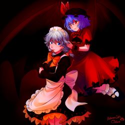 Rule 34 | 2girls, alternate costume, apron, arm warmers, blue eyes, braid, cross, crossed arms, dated, dress, frilled cuffs, frilled sleeves, frills, halloween, highres, izayoi sakuya, light purple hair, looking at viewer, maid, maid apron, maid headdress, mary janes, md5 mismatch, multiple girls, nail polish, red dress, red eyes, remilia scarlet, resolution mismatch, roarke (lavenderincubus), ruffled cuffs, shoes, short hair, signature, silver hair, socks, touhou, twin braids