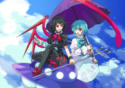 Rule 34 | 2girls, arm snake, asymmetrical wings, black dress, black hair, black thighhighs, blue eyes, blue hair, blue sky, blue vest, bow, commentary request, day, dress, flat chest, frilled sleeves, frills, heterochromia, highres, holding, holding trident, holding umbrella, houjuu nue, kaigen 1025, mismatched wings, multiple girls, neck ribbon, open mouth, purple umbrella, red bow, red eyes, red footwear, red ribbon, ribbon, shirt, short hair, short sleeves, sitting, sky, smile, snake, star (symbol), tatara kogasa, thighhighs, touhou, ufo, umbrella, vest, white shirt, wings