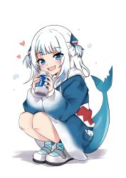Rule 34 | 1girl, :d, absurdres, blue eyes, blue hair, blue hoodie, blue nails, blue socks, can, commentary request, drawstring, fins, fish tail, full body, gawr gura, gawr gura (1st costume), hair ornament, heart, highres, holding, holding can, hololive, hololive english, hood, hood down, hoodie, long hair, long sleeves, looking at viewer, multicolored hair, nail polish, open mouth, pocari sweat, puffy long sleeves, puffy sleeves, shadow, shark tail, sharp teeth, shoes, simple background, smile, socks, solo, squatting, streaked hair, surfthestarz, tail, teeth, two side up, virtual youtuber, white background, white footwear, white hair