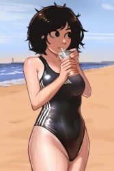 Rule 34 | 1girl, adidas, beach, black eyes, black hair, black one-piece swimsuit, body freckles, breasts, competition swimsuit, cowboy shot, cup, drink, drinking, drinking straw, drinking straw in mouth, freckles, highres, holding, holding cup, lighthouse, looking ahead, medium breasts, messy hair, ocean, one-piece swimsuit, one-piece tan, original, outdoors, sky, solo, standing, swimsuit, tan, tanline, thighs, tomboy, veyonis, wet, wet clothes, wet swimsuit, yuna (veyonis)