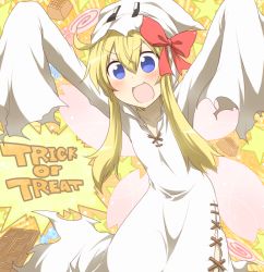 Rule 34 | &gt;:d, 1girl, :d, arms up, blonde hair, blue eyes, blush, bow, candy, chocolate, chocolate bar, fairy wings, food, ghost costume, hair bow, lily white, lollipop, long hair, nobamo pieruda, open mouth, sleeves past wrists, smile, solo, touhou, trick or treat, v-shaped eyebrows, wings