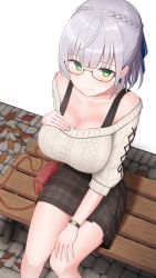 Rule 34 | 1girl, absurdres, bag, bench, blue ribbon, blush, bra strap, braid, breasts, brown skirt, checkered clothes, checkered skirt, cleavage, closed mouth, collarbone, french braid, glasses, green eyes, hair ribbon, hand on own chest, hand on own knee, highres, hololive, large breasts, long hair, looking at viewer, on bench, ribbon, shirogane noel, shirogane noel (casual), silver hair, simple background, sitting, skirt, smile, solo, sweater, topgear, virtual youtuber, watch, white sweater