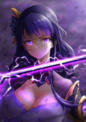 Rule 34 | 1girl, angry, breasts, cleavage, commentary request, electricity, genshin impact, glowing, glowing eyes, hair ornament, highres, japanese clothes, kimono, large breasts, light frown, long hair, looking at viewer, purple eyes, purple hair, purple kimono, raiden shogun, royboy, solo, sword, upper body, weapon