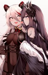 Rule 34 | 2girls, absurdres, aegir (azur lane), august von parseval (azur lane), azur lane, bare shoulders, black coat, black gloves, black hair, bodystocking, breast curtains, grabbing another&#039;s breast, breasts, coat, covered navel, cross-laced clothes, curled horns, demon horns, fur-trimmed coat, fur trim, gloves, grabbing, groping, groping, hair between eyes, heart, highres, horns, huge filesize, long hair, mechanical horns, medium breasts, multicolored hair, multiple girls, one eye covered, purple eyes, red hair, samip, simple background, streaked hair, two-tone hair, underbust, very long hair, white background, white gloves, white hair, yellow eyes, yuri