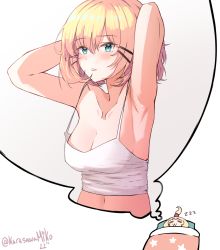 Rule 34 | 1girl, :3, absurdres, alternate breast size, armpits, arms behind head, blonde hair, blush, breast conscious, breasts, camisole, cleavage, collarbone, commentary, dreaming, english commentary, highres, karasawa miko, looking at viewer, medium breasts, millie parfait, navel, nijisanji, nijisanji en, parted lips, short hair, solo focus, under covers, virtual youtuber, white camisole, zzz