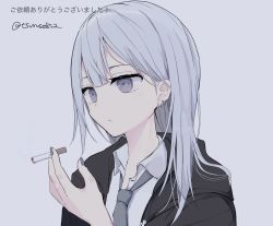 Rule 34 | 1girl, between fingers, black jacket, blush, cigarette, closed mouth, collared shirt, commentary request, earrings, eyebrows hidden by hair, grey background, grey eyes, grey hair, grey nails, grey necktie, hair between eyes, hand up, highres, holding, holding cigarette, hood, hood down, hooded jacket, jacket, jewelry, long hair, looking away, nail polish, necktie, original, shirt, simple background, solo, translation request, tsuruse, twitter username, upper body, white shirt