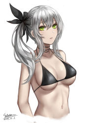 Rule 34 | 1girl, absurdres, bad id, bad pixiv id, bare shoulders, bikini, black bikini, black ribbon, breasts, cleavage, collarbone, cropped torso, dated, green eyes, grey hair, hair between eyes, hair ribbon, highres, long hair, medium breasts, navel, open mouth, original, ribbon, selcky, side ponytail, sidelocks, simple background, solo, stomach, swimsuit, white background