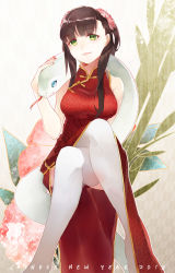 Rule 34 | 10s, 1girl, 2013, bare shoulders, blue eyes, breasts, brown hair, china dress, chinese clothes, crossed legs, dress, flower, forked tongue, green eyes, hair flower, hair ornament, large breasts, long hair, original, red dress, shiyun, side slit, sitting, smile, snake, thighhighs, tongue, white snake, white thighhighs